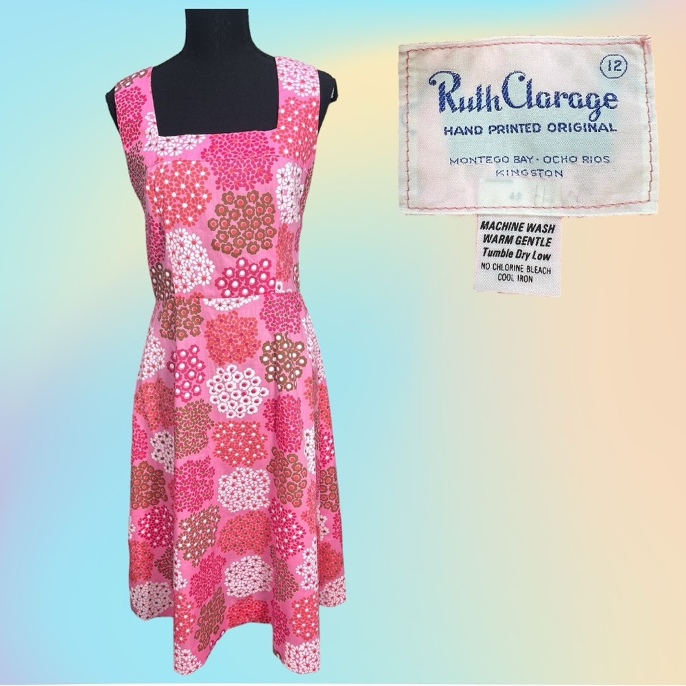 Vtg 60's/70's Ruth Clarage Pink/White/Brown Floral Hand Printed Dress Vtg Sz 12